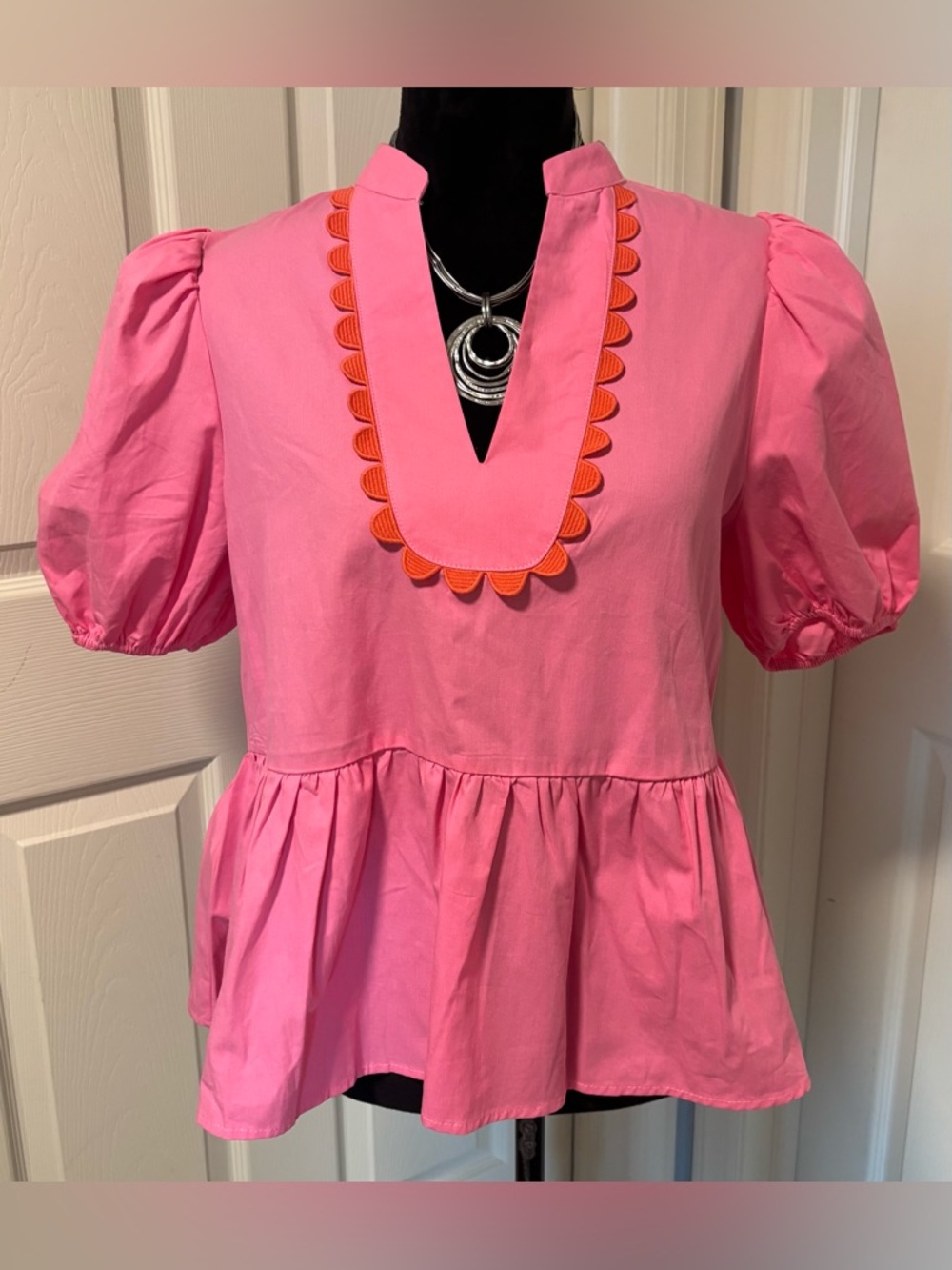 NWT TCEC Pink Cotton Peplum Top With Orange Scalloped Trim